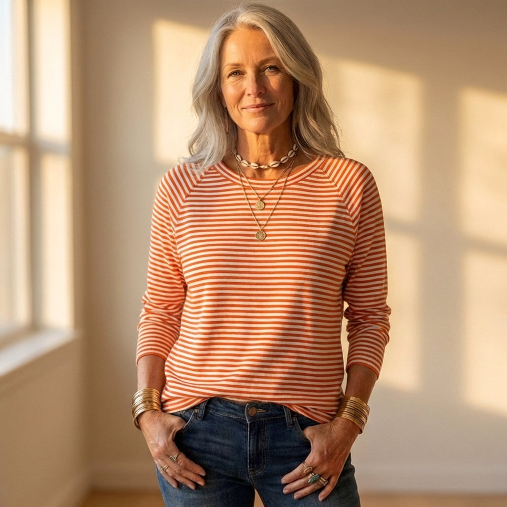 Cotton Pullover with Horizontal Stripe Print
