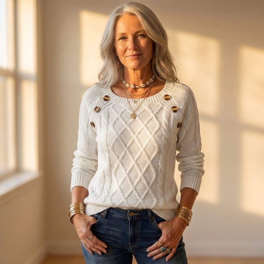 Cotton Sweater with Diamond Cable Knit and Button Shoulder Detail