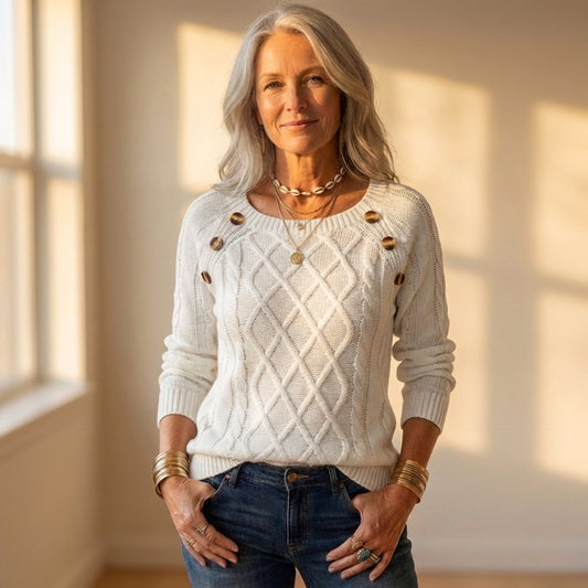 Cotton Sweater with Diamond Cable Knit and Button Shoulder Detail