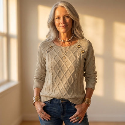 Cotton Sweater with Diamond Cable Knit and Button Shoulder Detail
