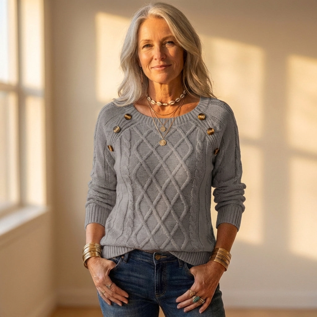 Cotton Sweater with Diamond Cable Knit and Button Shoulder Detail
