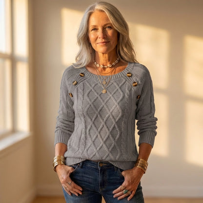 Cotton Sweater with Diamond Cable Knit and Button Shoulder Detail