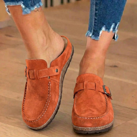 Orthopedic Suede Buckle Mules - Contrast Stitch Detail