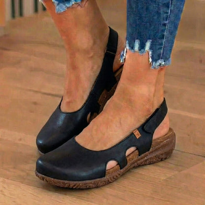 Orthopedic Leather Peep-Toe Flats - Side Cutout Detail