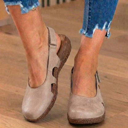 Orthopedic Leather Peep-Toe Flats - Side Cutout Detail