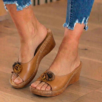 Orthopedic Leather Wedge Sandals - Dual Rosette Floral Detail