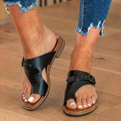 Orthopedic Leather Toe-Loop Sandals - Buckle Accent Cork Footbed