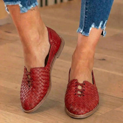 Orthopedic Leather Woven Slip-On Flats - Basketweave Cutout Detail