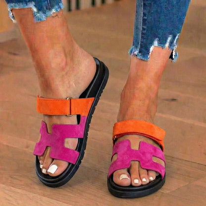 Orthopedic Leather H-Strap Slide Sandals - Adjustable Buckle Closure