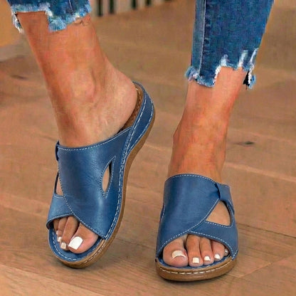 Orthopedic Leather Crossover Slide Sandals - Contrast Stitching Detail