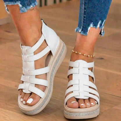 Orthopedic Leather Gladiator Platform Sandals - Crystal Rhinestone Trim