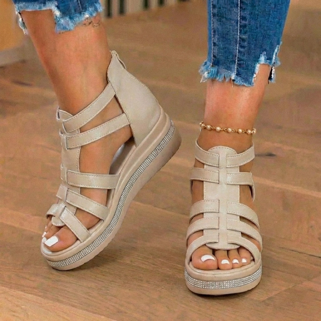 Orthopedic Leather Gladiator Platform Sandals - Crystal Rhinestone Trim