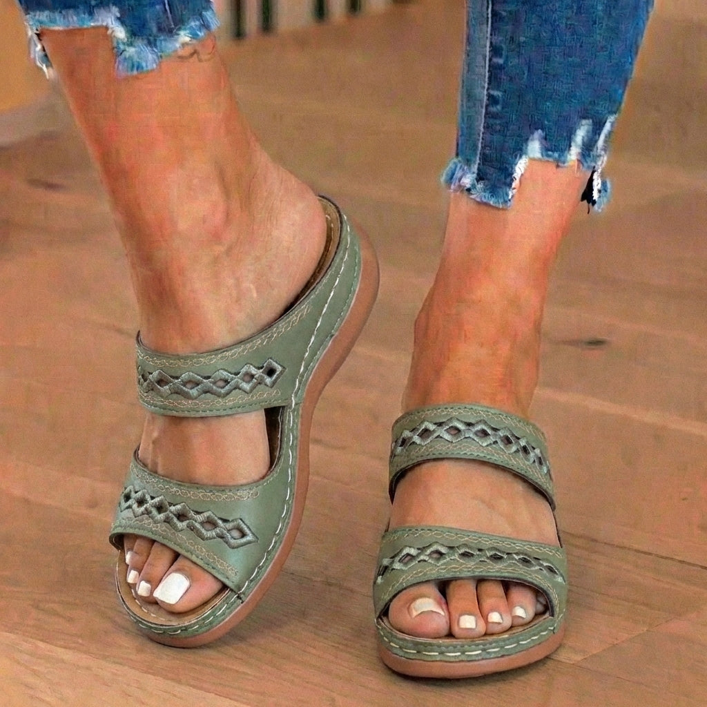 Orthopedic Leather Braided Slide Sandals - Triple Strap Woven Detail