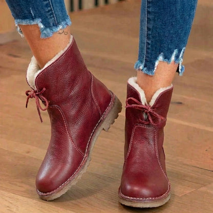 Orthopedic Leather Sherpa-Lined Ankle Boots - Lace-Up Winter Design