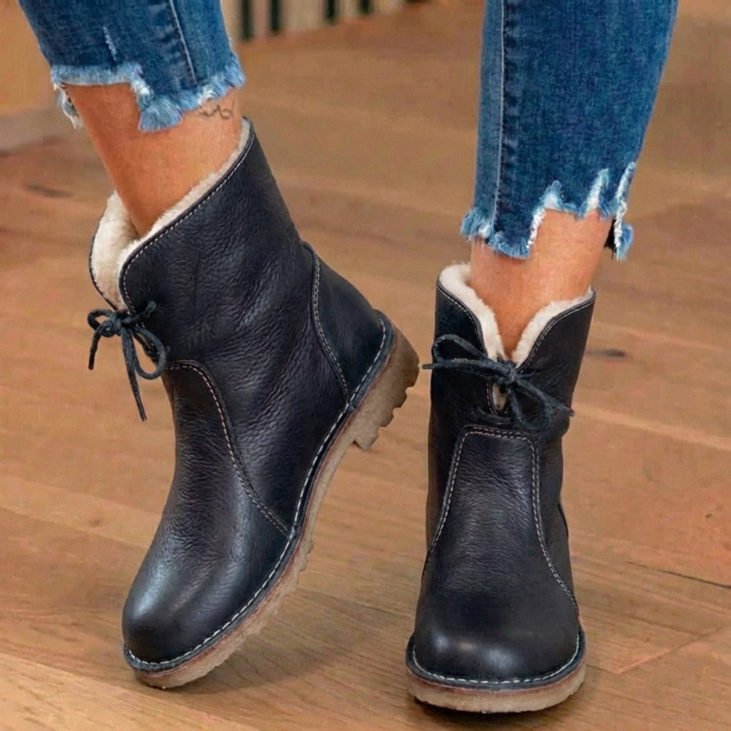 Orthopedic Leather Sherpa-Lined Ankle Boots - Lace-Up Winter Design