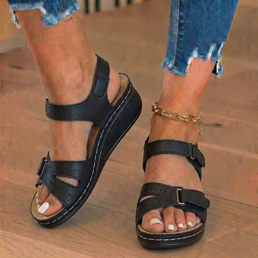 Orthopedic Leather Wedge Sandals - Perforated Detail & Velcro Straps