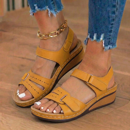 Orthopedic Leather Wedge Sandals - Perforated Detail & Velcro Straps