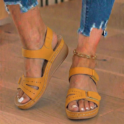 Orthopedic Leather Wedge Sandals - Perforated Detail & Velcro Straps