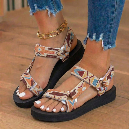 Orthopedic Tribal Print Platform Sandals - Adjustable Tie Straps