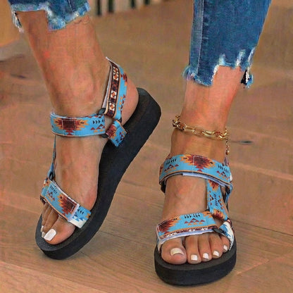 Orthopedic Tribal Print Platform Sandals - Adjustable Tie Straps