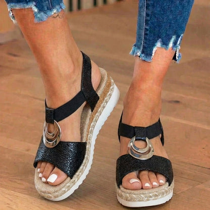 Orthopedic Textured Espadrille Platform Sandals - Triple Ring Hardware Detail