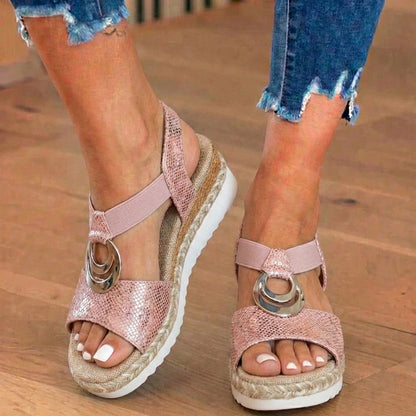 Orthopedic Textured Espadrille Platform Sandals - Triple Ring Hardware Detail