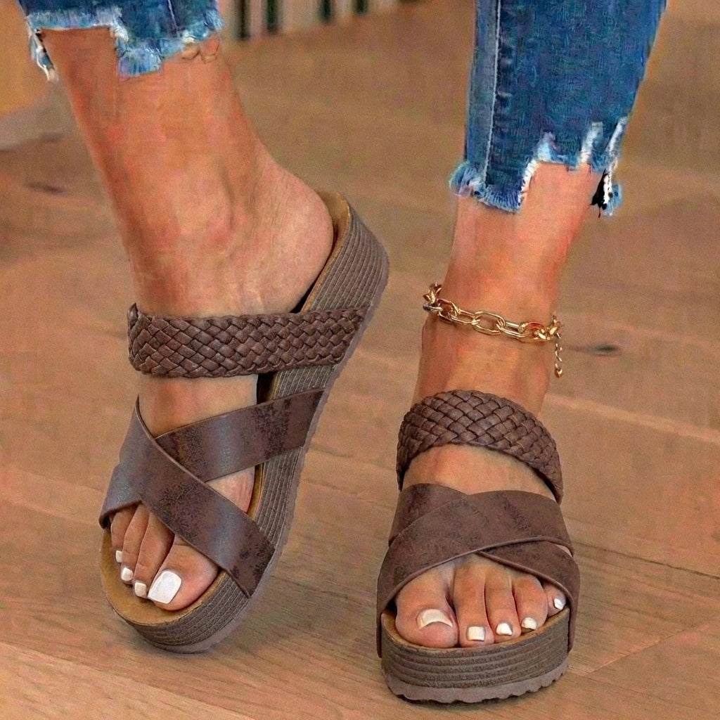 Orthopedic Leather Woven Platform Wedges - Crossover Strap Design