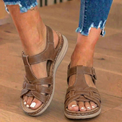 Orthopedic Leather Braided T-Strap Sandals - Ankle Buckle & Cork Sole
