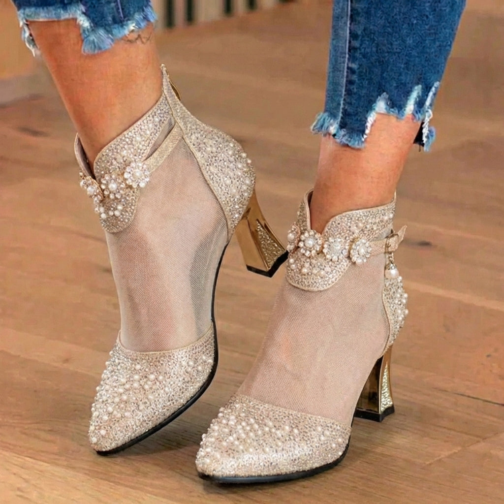 Orthopedic Mesh Rhinestone Ankle Booties - Sheer Panel & Block Heel