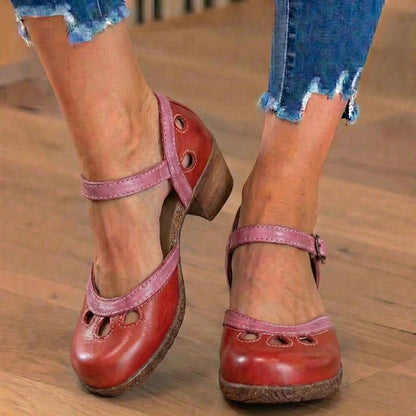 Orthopedic Leather Color-Block Mary Janes - Cutout Pattern & Dual-Buckle