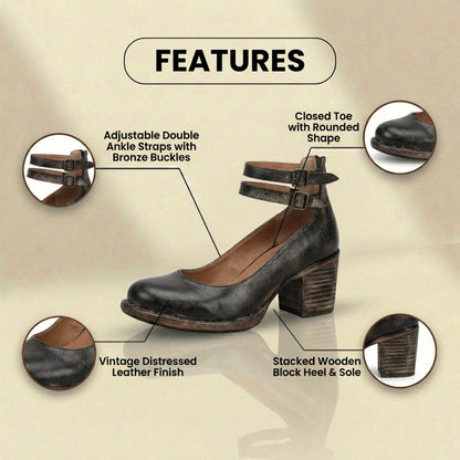 Orthopedic Leather Ankle Boots - Block Heel Double Buckle Strap