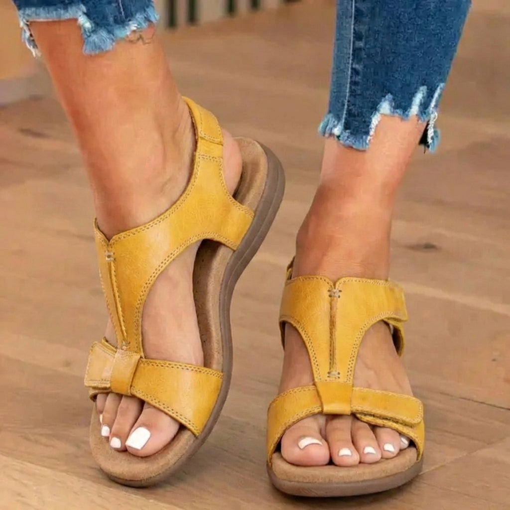 Orthopedic Leather Ankle-Strap Sandals - Contoured T-Bar Cork Footbed