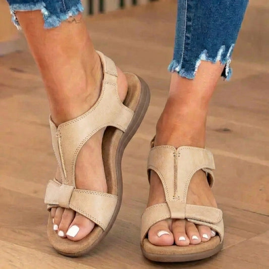 Orthopedic Leather Ankle-Strap Sandals - Contoured T-Bar Cork Footbed