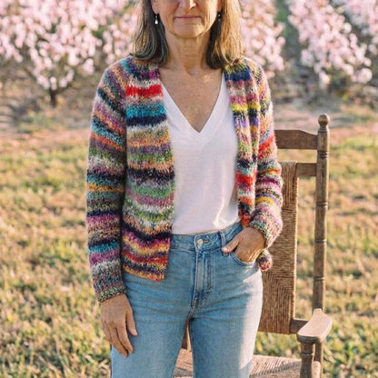Cotton Cardigan with Rainbow Stripe Pattern