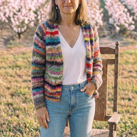 Cotton Cardigan with Rainbow Stripe Pattern