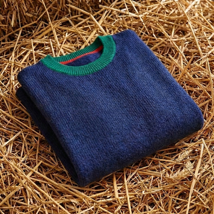 Cotton Crew Neck Sweater with Striped Collar and Cuff