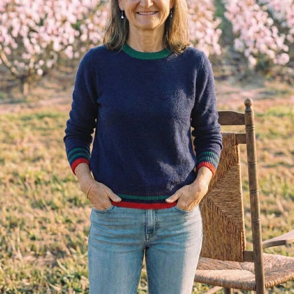 Cotton Crew Neck Sweater with Striped Collar and Cuff