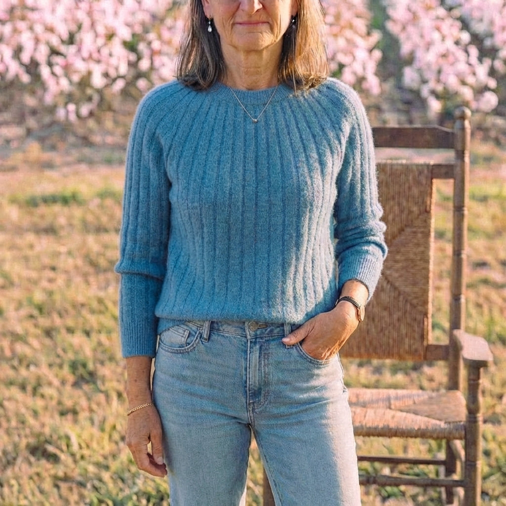 Cotton Crewneck Sweater with Striped Knit