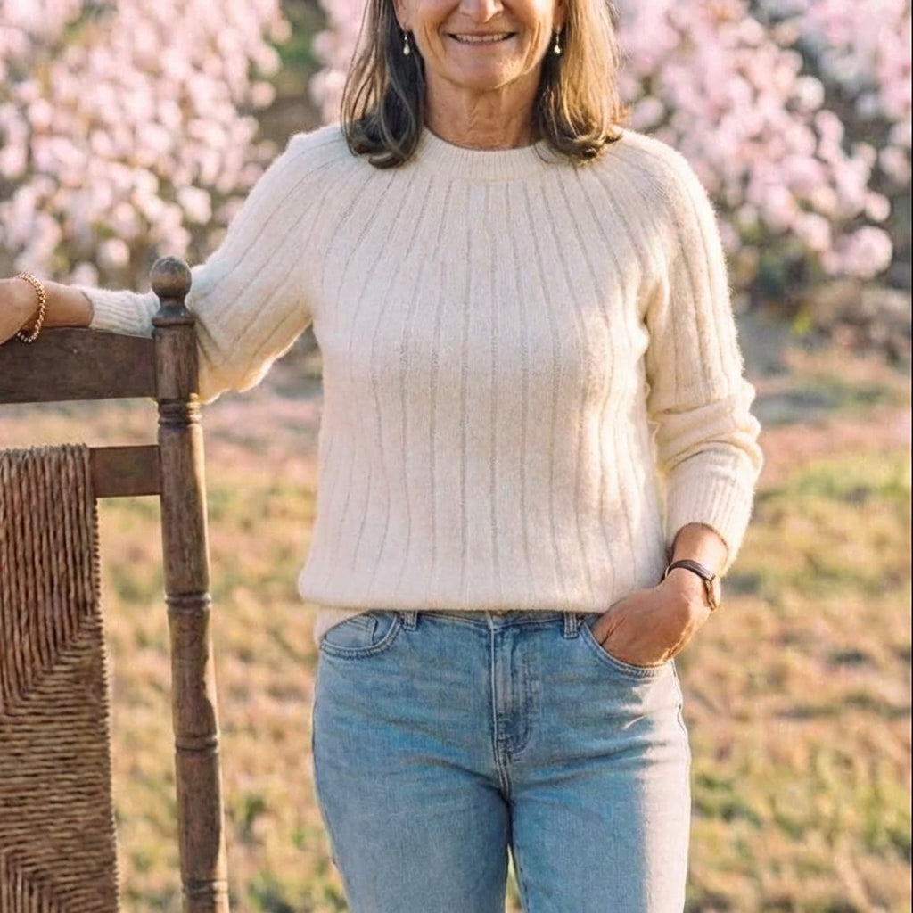 Cotton Crewneck Sweater with Striped Knit