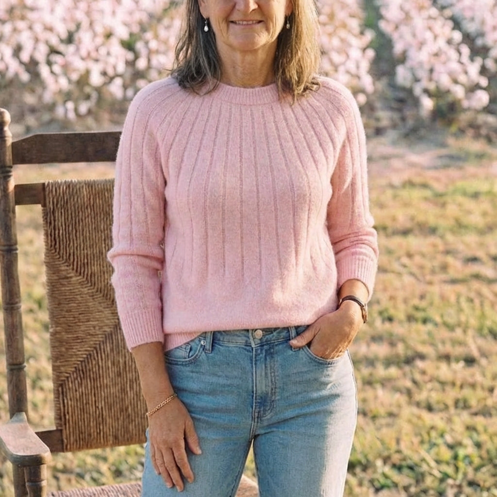 Cotton Crewneck Sweater with Striped Knit