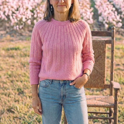 Cotton Crewneck Sweater with Striped Knit