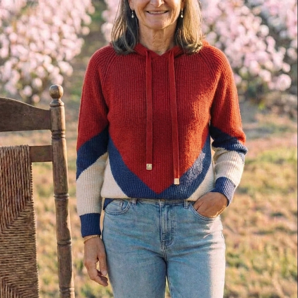 Cotton Hoodie Sweater with Color-Block Design