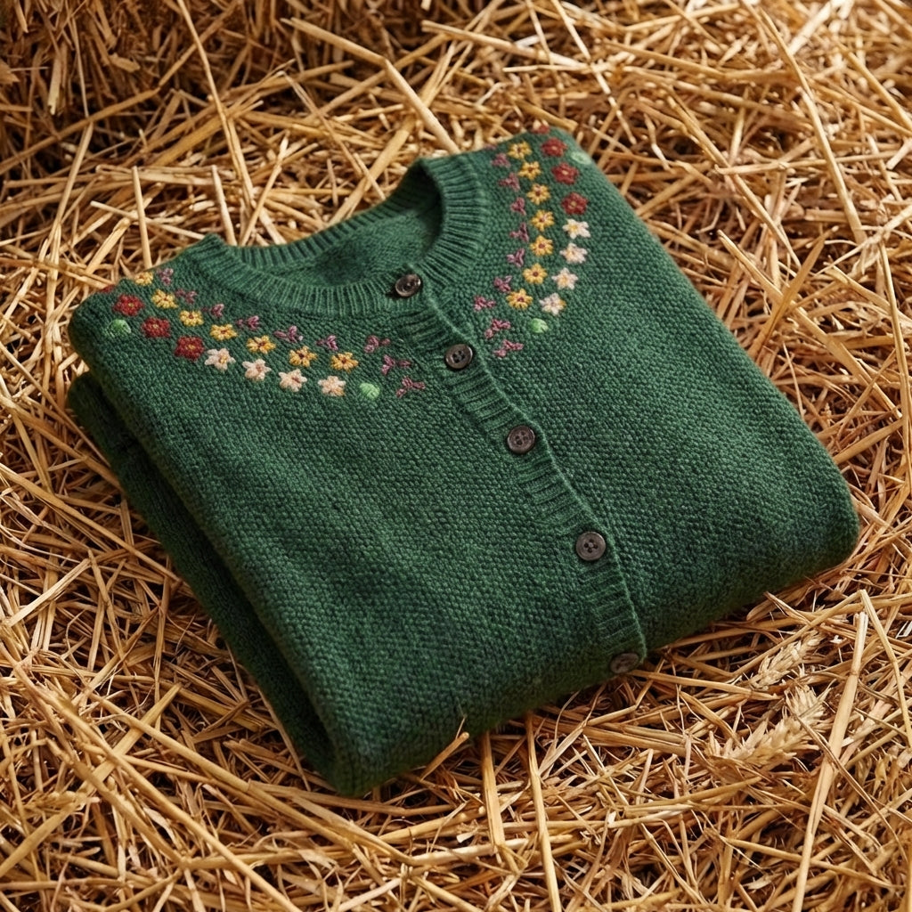 Cotton Crew Neck Cardigan with Embroidered Neckline