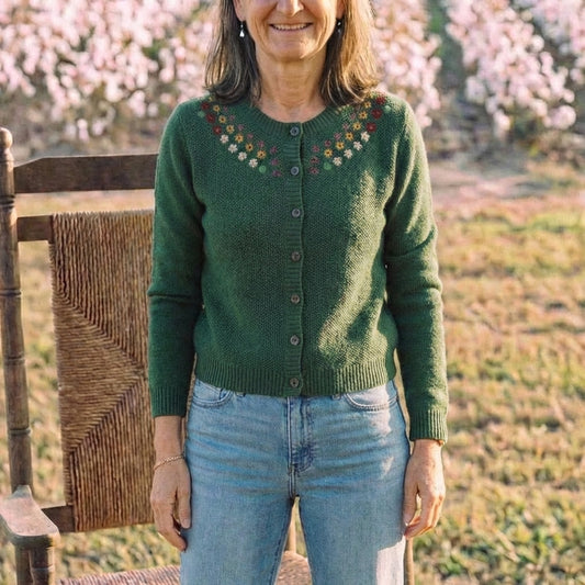 Cotton Crew Neck Cardigan with Embroidered Neckline