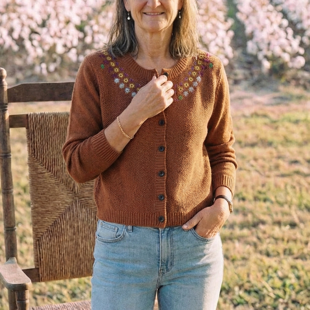 Cotton Crew Neck Cardigan with Embroidered Neckline