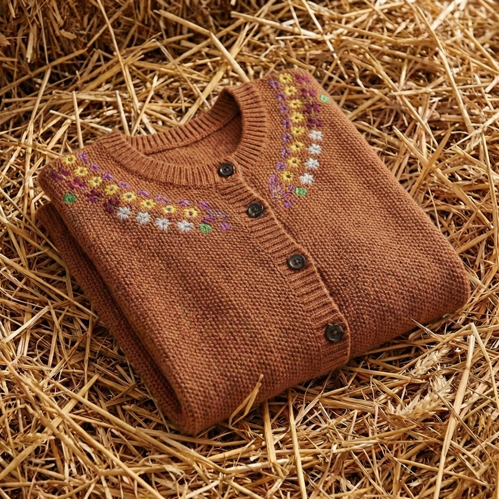 Cotton Crew Neck Cardigan with Embroidered Neckline