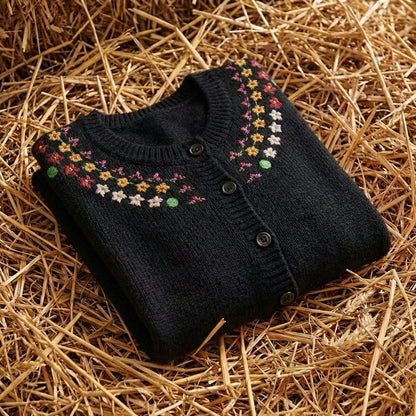 Cotton Crew Neck Cardigan with Embroidered Neckline