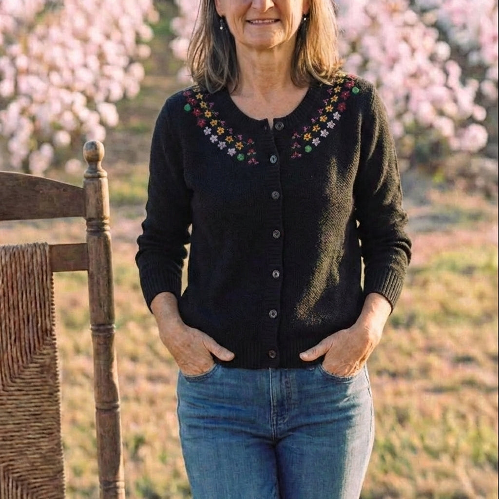 Cotton Crew Neck Cardigan with Embroidered Neckline