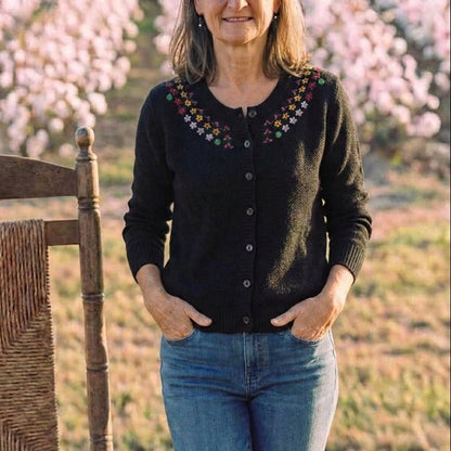 Cotton Crew Neck Cardigan with Embroidered Neckline