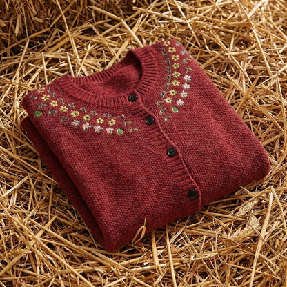 Cotton Crew Neck Cardigan with Embroidered Neckline